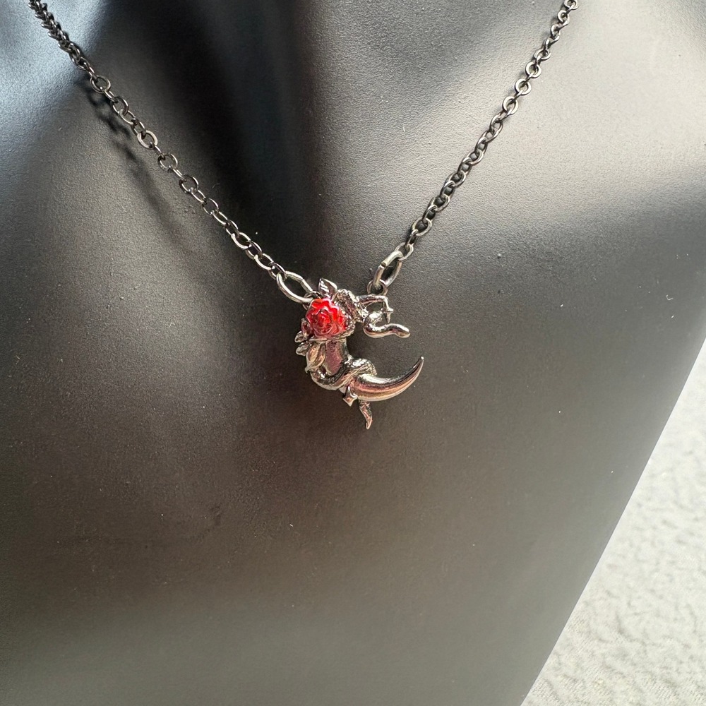 Gothic Gunmetal Crescent Moon Dragon Necklace with Red Rose Pendant Alternative
